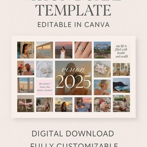 May include: Aesthetic vision board template, editable in Canva, with a grid of inspirational images. The design includes the text "vision 2025", "Digital Download", and "US Letter Size". The overall theme is self-improvement.