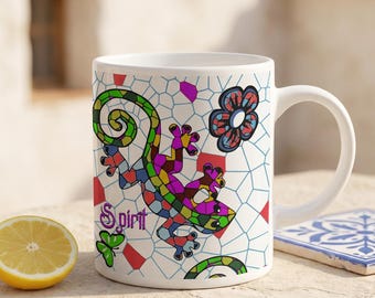 Taza de café con diseño de gecko, taza de cerámica con mosaico mediterráneo, regalo estilo azulejo de Barcelona, decoración de cocina costera