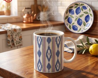 Taza de cerámica mediterránea, taza de café con vibrantes motivos costeros, taza de regalo estilo azulejo español, decoración estética para la cocina.