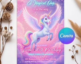 May include: A birthday invitation featuring a winged unicorn with a rainbow mane and tail against a pink and purple sky. The text reads "A Magical Day is on the way" and "Viona's 10th Birthday". A Canva logo is in the corner.