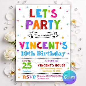 May include: A rectangular birthday invitation card with white background, colorful text reading LET'S PARTY, VINCENT'S 10TH BIRTHDAY, and event details including date, time, and location. The design features scattered stars and white floral accents.