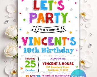 Simple Colorful Birthday Invite, Let's Party Invitation, Bright and Cheerful Party, Printable Invitation, Any Age, Editable Canva Template