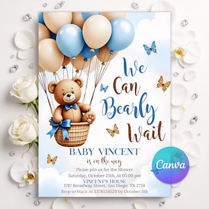 Digital invitation that can be edited in the text section with a charming "We Can Bearly Wait" baby shower theme, conceived as a hot air balloon concept, featuring a cute teddy bear wearing a blue bow tie sitting in a woven basket attached to a large cluster of blue, white, and cream balloons, with watercolor butterflies fluttering around against a soft, cloudy sky background, size 5x7 inches.