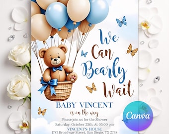 Bear Baby Shower Invite, Blue Boy Boho Bear Baby Shower, We Can Bearly Wait Invitation, Blue Bear Invite for Boys, Editable Canva Template