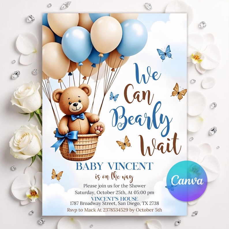Digital invitation that can be edited in the text section with a charming "We Can Bearly Wait" baby shower theme, conceived as a hot air balloon concept, featuring a cute teddy bear wearing a blue bow tie sitting in a woven basket attached to a large cluster of blue, white, and cream balloons, with watercolor butterflies fluttering around against a soft, cloudy sky background, size 5x7 inches.