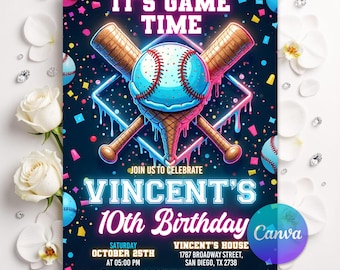 Baseball Ice Cream Drip Birthday Invitation, Baseball Ice Cream Neon Party, Baseball Drip Invite, Ice Cream Drip Invite, Editable Canva