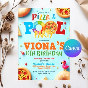 Pizza Pool Party Invitation, Pool Birthday Party Invitation, Swimming Pool Party Invite, Pizza Pool Invitation, Editable Canva Template