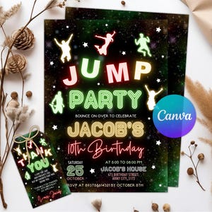Neon Glow Trampoline Park Invitation, Trampoline Birthday Party Invitation, Jump Party Invitation, Any Age, Editable Canva Template