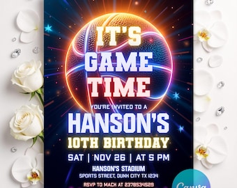 Editable Neon Basketball Birthday Invitation, Sports Party Invite, Canva Template, Boys Kids Birthday Printable
