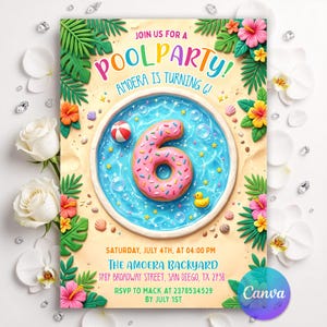 6th Pool Party Birthday Invitation, Girl Summer Splash Invite, Donut Float Clay Look, Tropical Beach Bday, Editable Canva Template