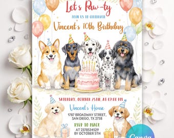 Verjaardagsuitnodiging puppy, aquarel hond feestuitnodiging, Let's Paw-ty, elke leeftijd jongensmeisje, Golden Retriever, DIY bewerkbare canvassjabloon