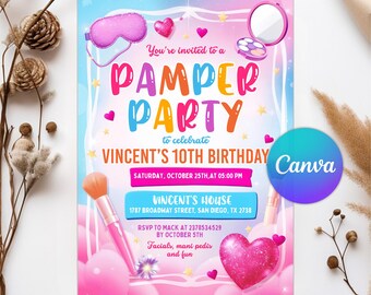 Pamper Party Birthday Invitation, Spa Birthday Party, Neon Glow Pamper Spa Party Invite, Glitz and Glam Makeup Glow Party, Editable Canva
