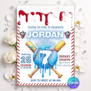 Invito per festa di compleanno a tema baseball con gelato a goccia, invito per festa a tema baseball con gelato a goccia, invito sportivo, per qualsiasi età, modello Canva modificabile