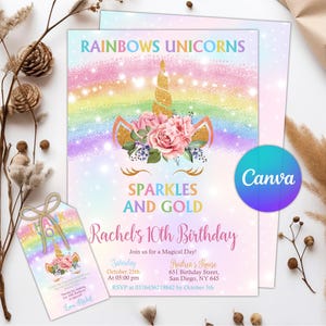 Modello di invito digitale per la festa di compleanno di una bambina con unicorno arcobaleno, invito unicorno rosa, invito elettronico stampabile per la festa di una donna digitale