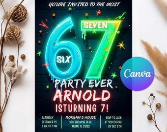 Invitación para fiesta de cumpleaños número 67, meme de cumpleaños número 67, séptimo cumpleaños de niño, invitación "Bruh You In", plantilla editable de Canva