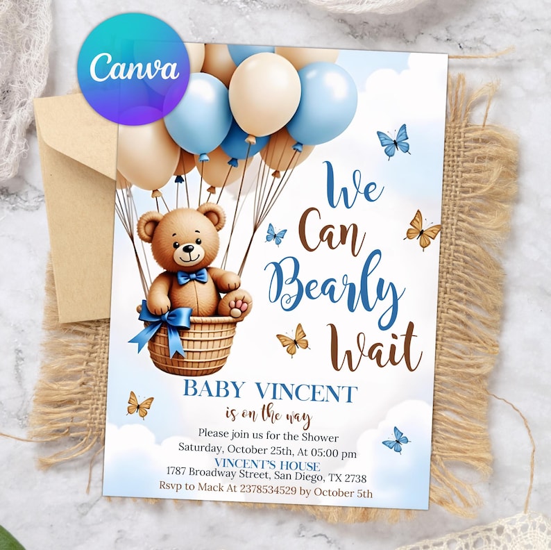 Digital invitation that can be edited in the text section with a charming "We Can Bearly Wait" baby shower theme, conceived as a hot air balloon concept, featuring a cute teddy bear wearing a blue bow tie sitting in a woven basket attached to a large cluster of blue, white, and cream balloons, with watercolor butterflies fluttering around against a soft, cloudy sky background, size 5x7 inches.