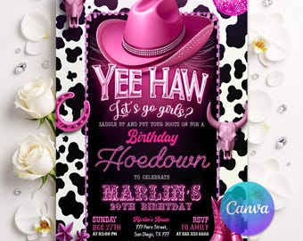 Rosa Cowgirl-Geburtstags-Einladung, Cowgirl Hoedown-Geburtstagsfeier einladen, Rosa Disco-Cowgirl Hoedown-Party, Disco Rodeo einladen, Nashville