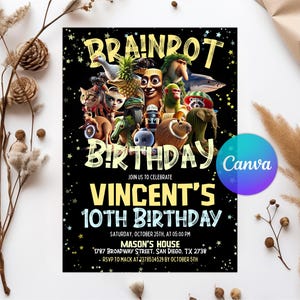 Op de afbeelding: Zwarte verjaardagsuitnodiging met de tekst "BRAINPOT BIRTHDAY" en "VINCENT'S 10TH BIRTHDAY". De uitnodiging bevat cartoonfiguren en het Canva-logo. De evenementdetails omvatten de datum, tijd en locatie.