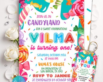 Editable Candyland Birthday Invitation, Rainbow Sweet One Party Invite, Lollipop Candy Land Theme, Any Age Girl Printable Digital Canva