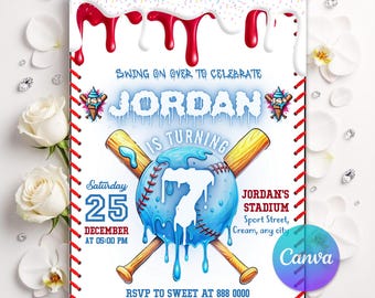 Baseball Drip Birthday Party Invitation, Digital Editable Canva Template, Baseball Ice Cream Drip Birthday Invite, Instant Download