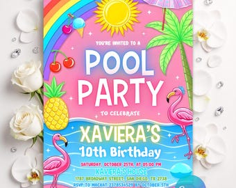 Pool Birthday Invitation, Glow Neon Tie Dye Invite, Summer Birthday Party Invitation, Neon Invitaton, Editable Canva Template