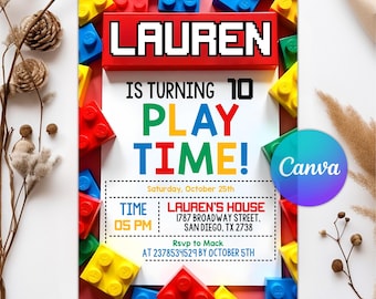 Building Blocks Birthday Invitation, Construction Party Theme, Kids Birhday Party Invitation, Any Age, Editable Canva Template