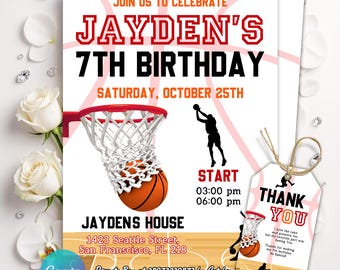 Invito di compleanno a tema basket, invito di compleanno a tema sportivo, festa di compleanno per bambini, modello Canva modificabile