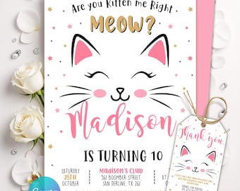 Cat Birthday Invitation, Kitty Birthday Party Invitation, Kitty Cat Birthday Invite, Kitten Party Invite, Editable Canva Template
