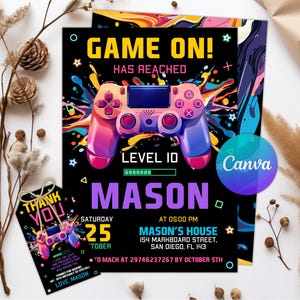 Editable Video Game Birthday Invitation, Gamer Birthday Party Invitation, Neon Game Level Up, Glow Game Party Invite, Instant Download