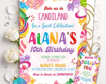 Editable Candy Birthday Invitation, Sweet Celebration Birthday Party Invite, Candyland Invitation Template, Lolipop, Instant Download