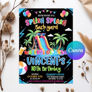 Waterslide Birthday Invitation, Boy or Girl Splash Party Invite, Summer Pool Party, Splash Birthday Evite, Water Slide Bash, Editable Canva