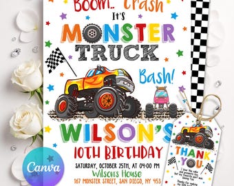 Monster Truck Birthday Invitation, Monster Truck Party Invite, Watercolor Trucks Theme, Boom Crash, Boys Birthday Party, Editable Canva