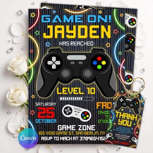Editable Video Game Birthday Invitation, Arcade Gaming Party, Level Up Controller Theme, Gamer Digital Printable, Instant Download