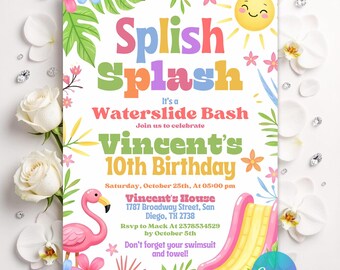 Może przedstawiać: Prostokątne zaproszenie na urodziny z tekstem Splish Splash It's a Waterslide Bash Join us to celebrate Vincent's 10th Birthday Saturday, October 25th, At 05:00 pm Vincent's House 1787 Broadway Street, San Diego, TX 2738.