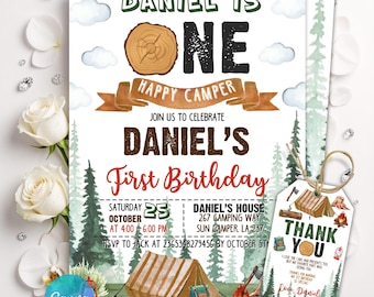 One Happy Camper Birthday Invitation, Boy First Birthday, Boy Happy camper Invitation, Camping 1st Birthday, Editable Canva Template