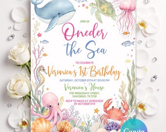 Oneder the Sea Birthday Invitation, Under the Sea Editable Template, 1st Birthday Invite, Ocean Animals Girls Oneder the Sea Invite