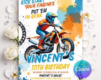 Dirt Bike Birthday Invitation, Motocross Party Invite, Motorbike Adventure, Instant Download, Editable Canva Template