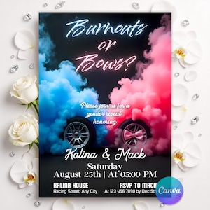 Editable Burnouts or Bows Gender Reveal Baby Shower Invitation, Boy or Girl, He or She Gender Reveal Invite, Burnouts or Bows invitation