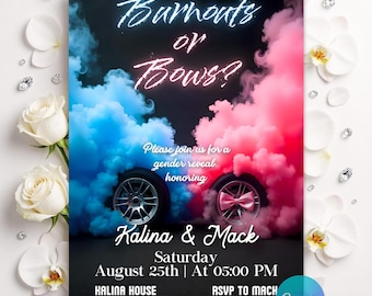 Editable Burnouts or Bows Gender Reveal Baby Shower Invitation, Boy or Girl, He or She Gender Reveal Invite, Burnouts or Bows invitation