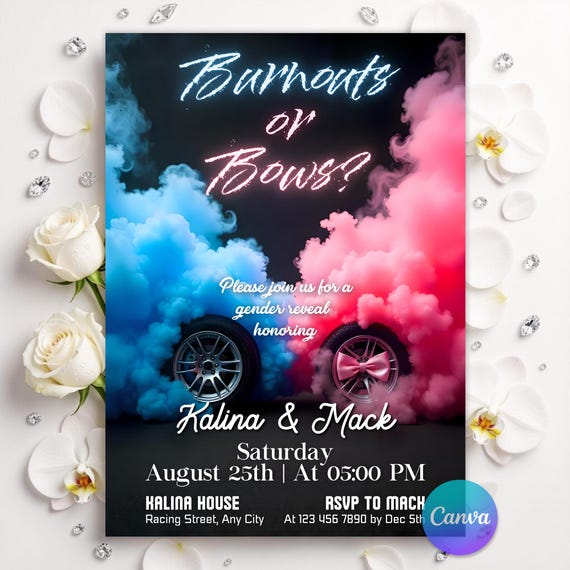 Editable Burnouts or Bows Gender Reveal Baby Shower Invitation, Boy or Girl, He or She Gender Reveal Invite, Burnouts or Bows invitation