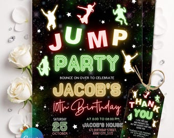Neon Glow Trampoline Park Invitation, Trampoline Birthday Party Invitation, Jump Party Invitation, Any Age, Editable Canva Template