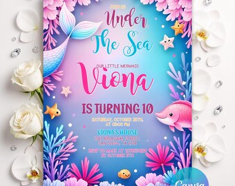 Invito di compleanno per ragazza a tema coda di sirena, invito di compleanno per festa sottomarina a tema sirena, invito per festa a tema sirena, invito a tema sirena, modificabile su Canva