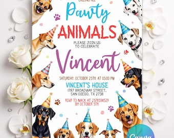 Editable Dog Birthday Invitation, Pawty Animals Party Invite, Canva Template, Puppy Pet Theme Birthday Invitation