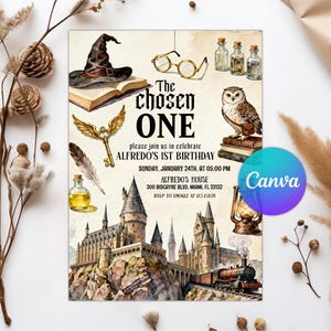 May include: A watercolor-style invitation with a fantasy theme. It features a Hogwarts castle, an owl, a sorting hat, glasses, a golden key, and the text "The Chosen One" for Alfredo's 1st birthday.