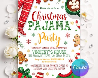 Christmas Pajama Party Invitation, Ugly Sweater Holiday Invite, Gingerbread Hot Cocoa Theme, Family Kids Xmas PJ, Editable Template