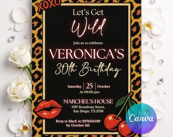 Black and Red Cheetah Cherries Leopard Print Birthday Invite, Glam Girls Night Out, Editable Canva Template