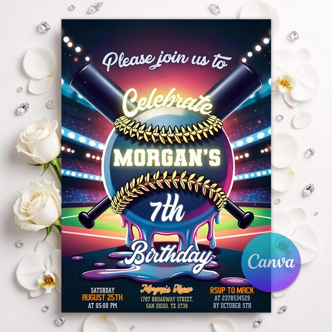 Editable Baseball Birthday Invitation, Neon Sports Drip Party Invite ...