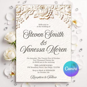 Embossed Wedding Invitation, Deckled Edge Handmade Paper, Textured Floral Invite, Elegant Minimalist Wedding, Editable Canva Template
