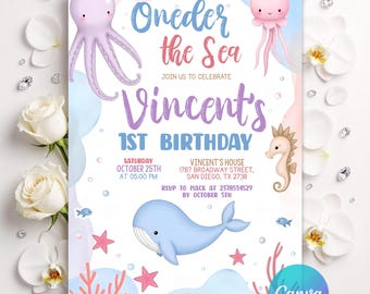Oneder the Sea Birthday Invitation, Under the Sea Editable Template, 1st Birthday, Ocean Animals Girls Under the Sea Invite, Editable Canva