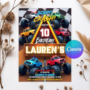 Boom, Crash, It&#39;s a Monster Bash, Monster Truck Birthday Invitation Digital 5x7 Invitation, Editable Monster Jam Birthday Party Invitation